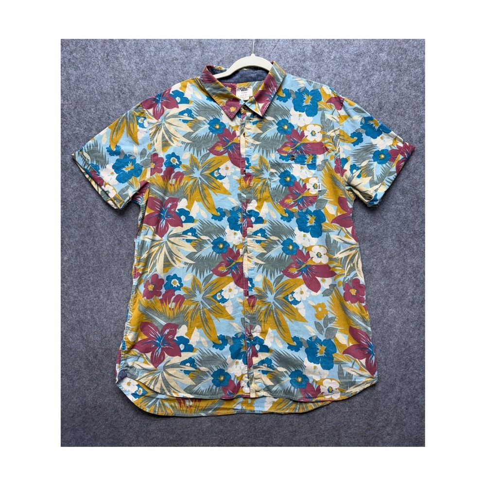 Vans Mens XL Short Sleeve Button Down Shirt Tropical Floral Blue Yellow Burgundy